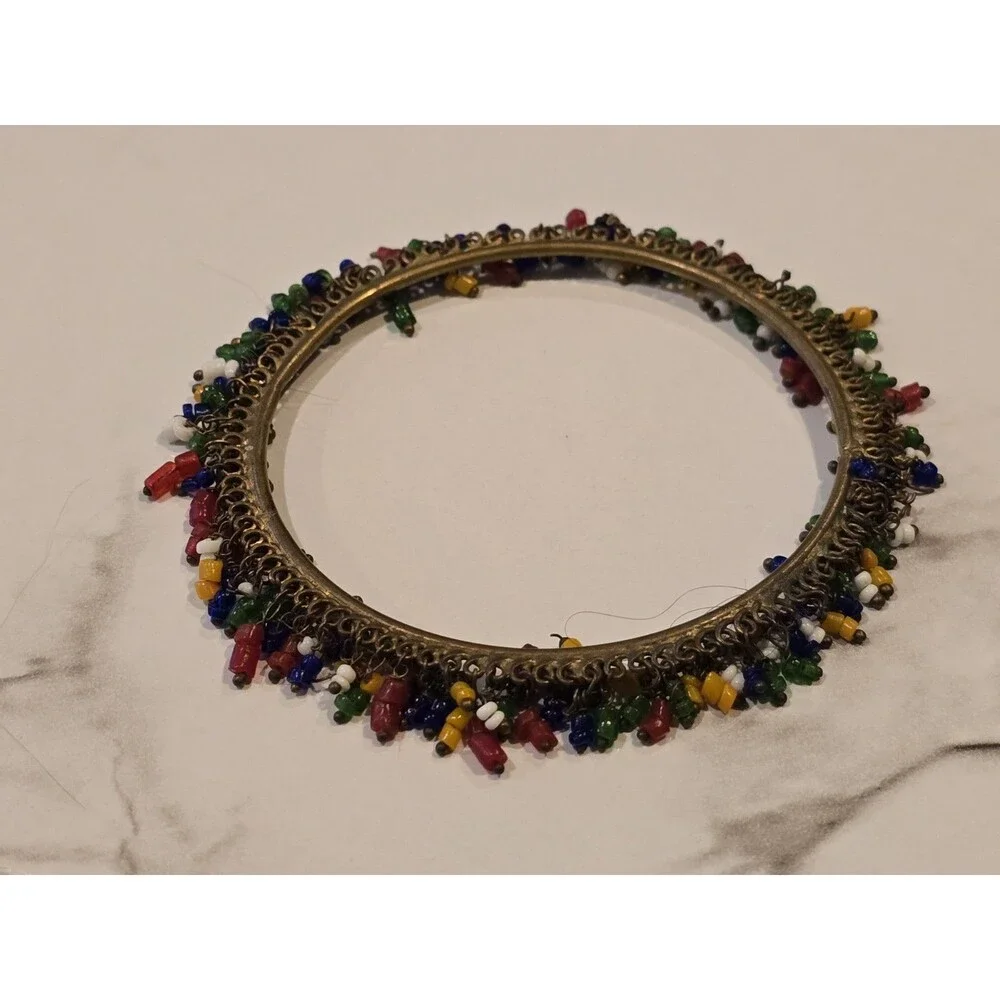 Boho Colorful Beaded Fringe Bangle Bracelet Brass Seed Bead Dangle Festival READ